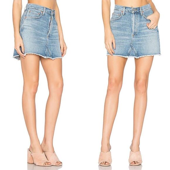 AGOLDE Quinn High-Rise Denim Mini Skirt in Devotee Button Fly Distressed Hem 29 - Picture 1 of 9